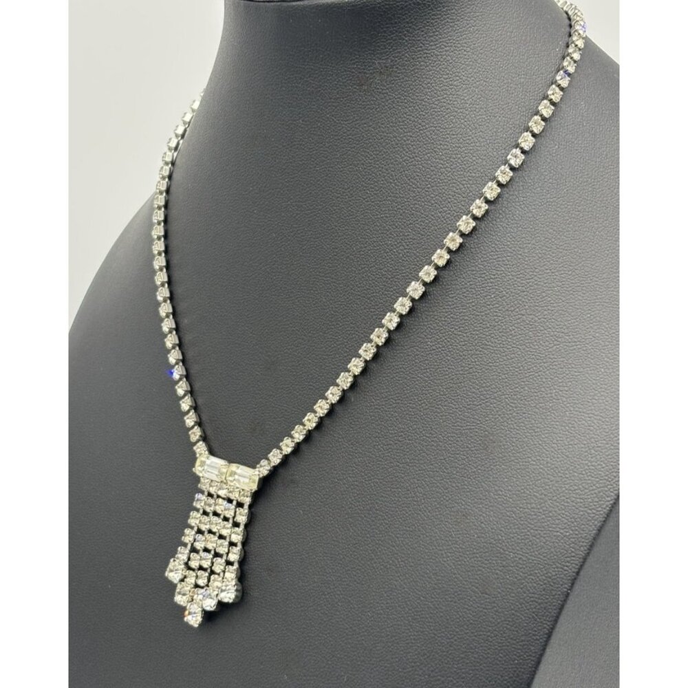 Vintage Clear Rhinestone Necklace or Choker Prong Set Round & Baguette, Unsigned